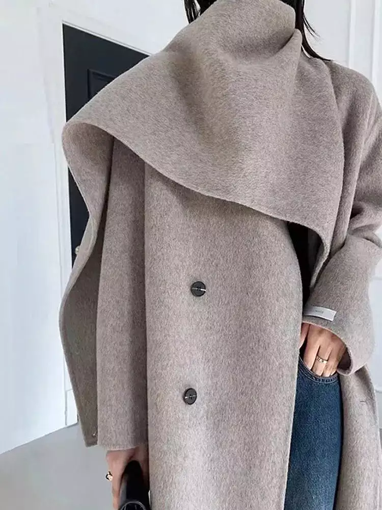 2023 Spring And Winter New Shawl Scarf Collar Double-breasted Solid Color Women's Double-sided Woolen Belt Coats 2R4921