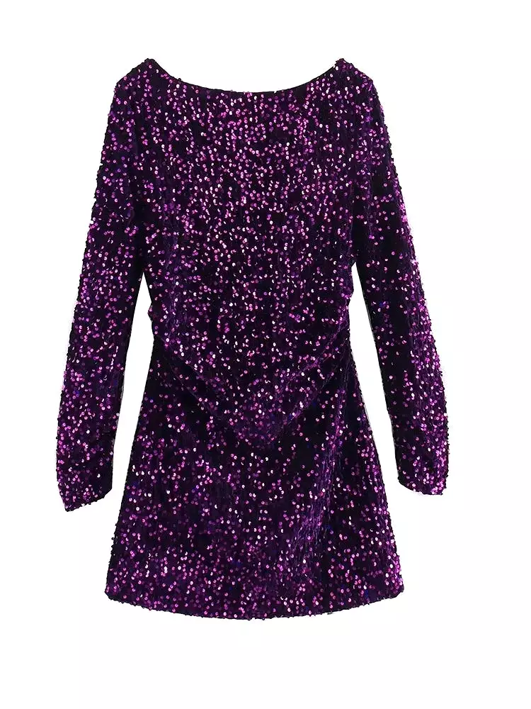 2024 Women Sequin Backless Purple Mini Dress Fashion Long Sleeve Shiny O Neck Dresses