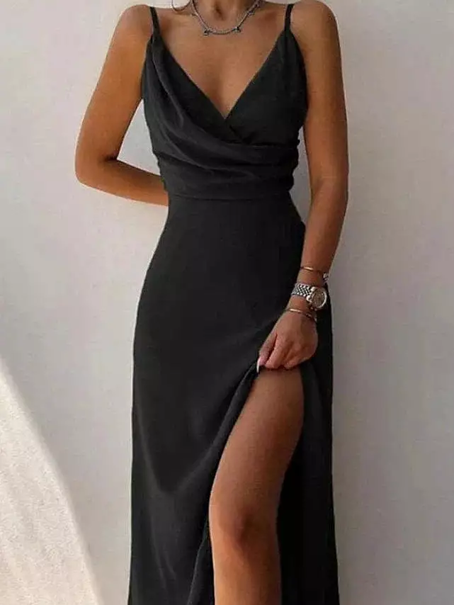 A-line Sleeveless Little Black Dress with V-Neck and Spaghetti Straps