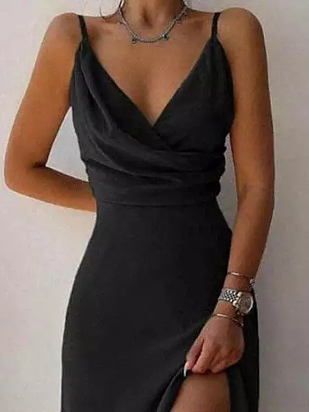 A-line Sleeveless Little Black Dress with V-Neck and Spaghetti Straps