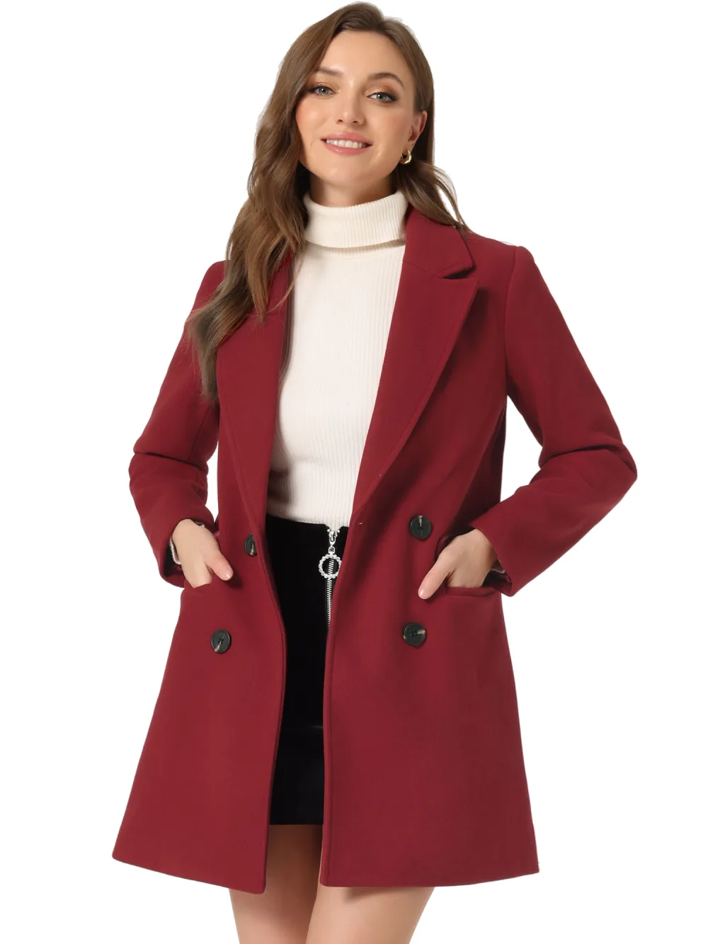 Allegra K- Double Breasted Belted Pocket Trench Coat