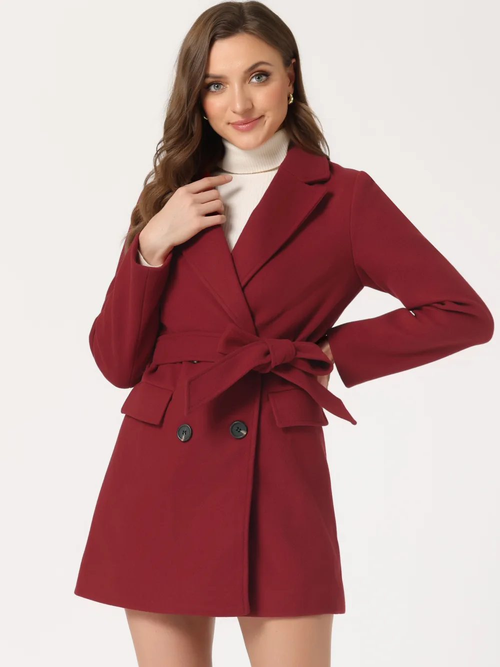 Allegra K- Double Breasted Belted Pocket Trench Coat