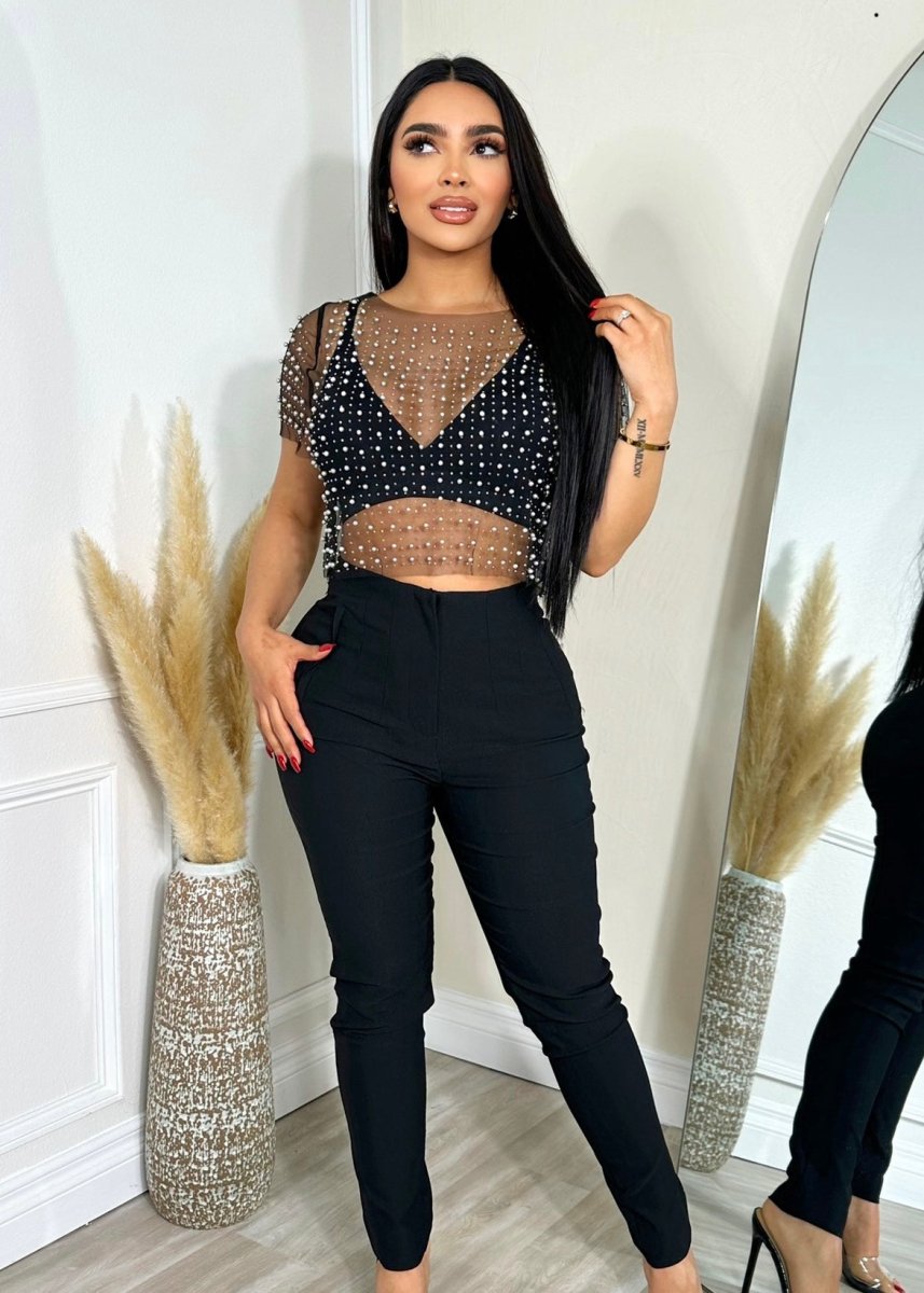 Ava Mesh Pearl Top Black