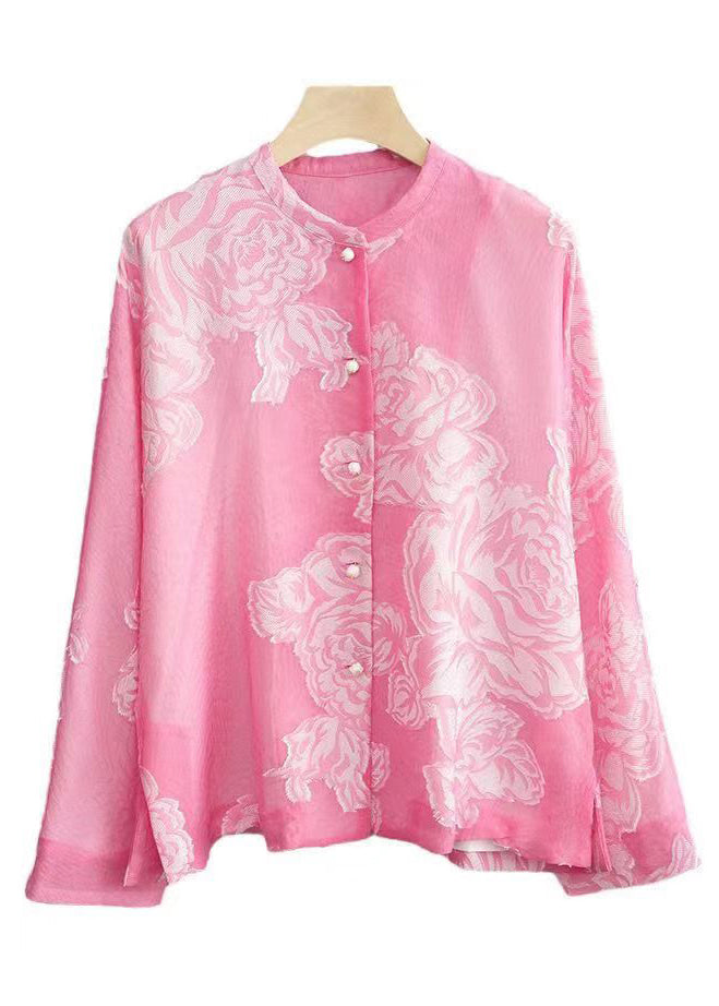 Beautiful Pink O Neck Button Print Silk Shirt Long Sleeve QA1086