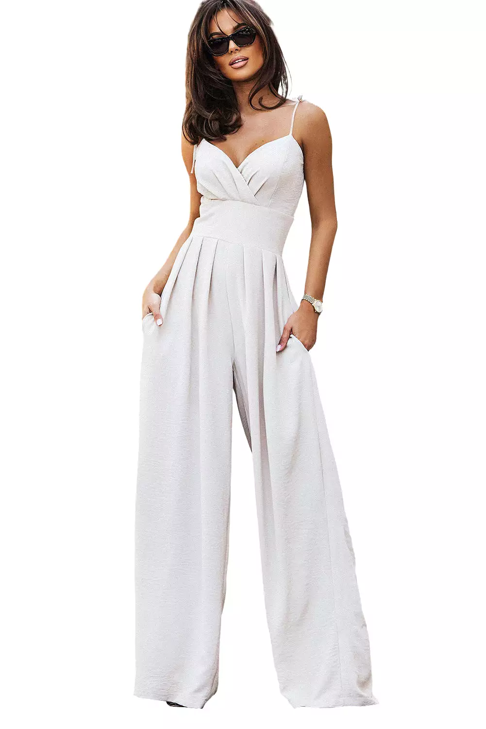 Beige Spaghetti Straps High Waist Wide Leg Jumpsuit