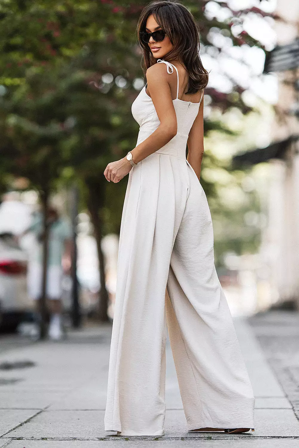 Beige Spaghetti Straps High Waist Wide Leg Jumpsuit