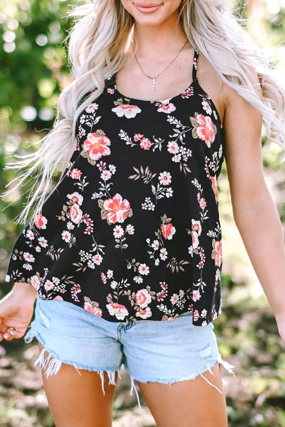 Black Floral Spaghetti Straps Strappy Back Tank Top