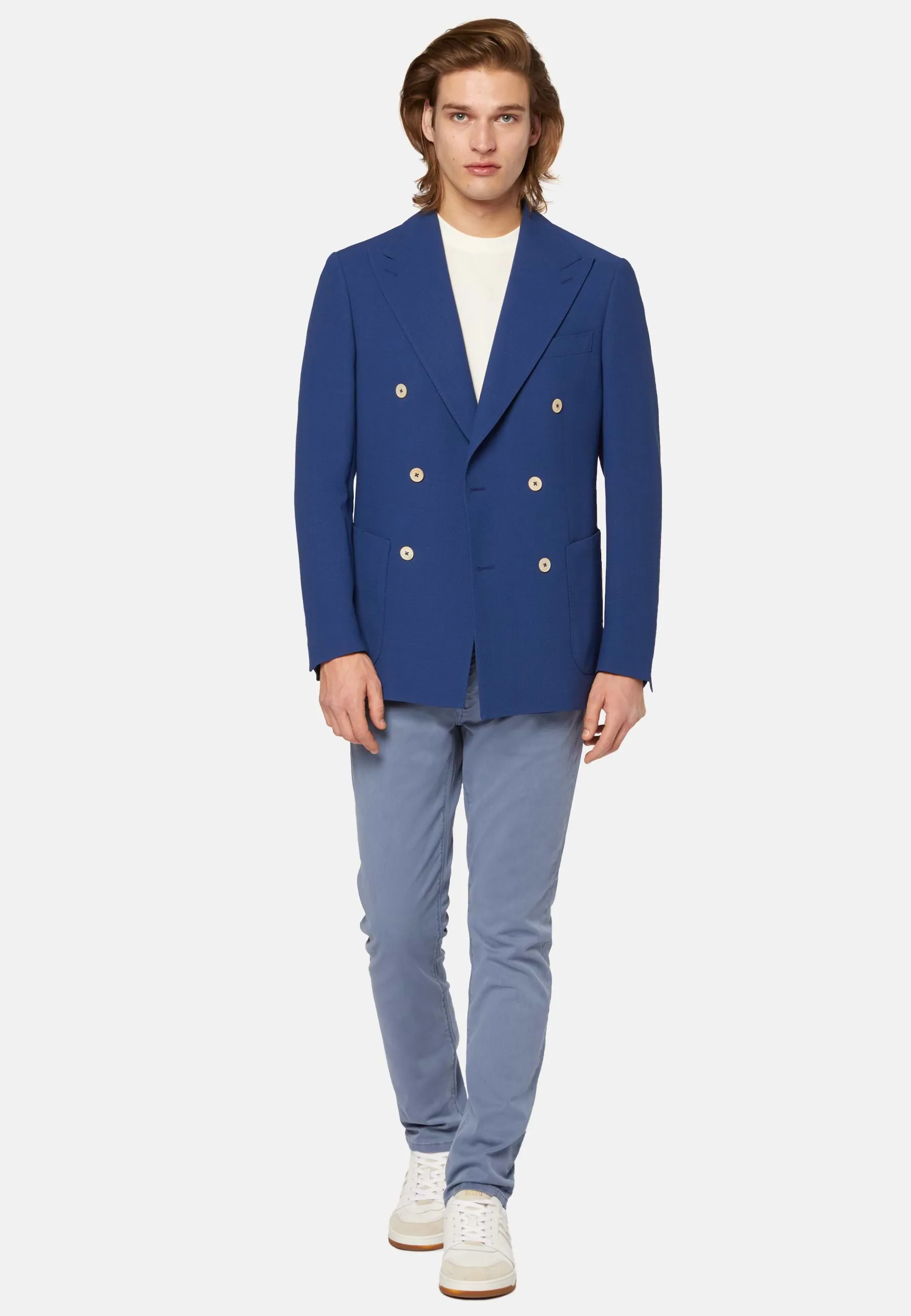 Blue Double-Breasted Jacket In Pure Wool Crepe