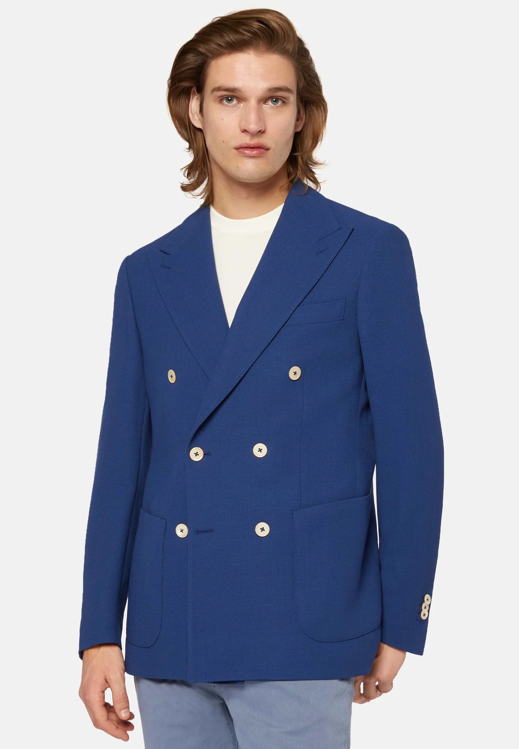 Blue Double-Breasted Jacket In Pure Wool Crepe