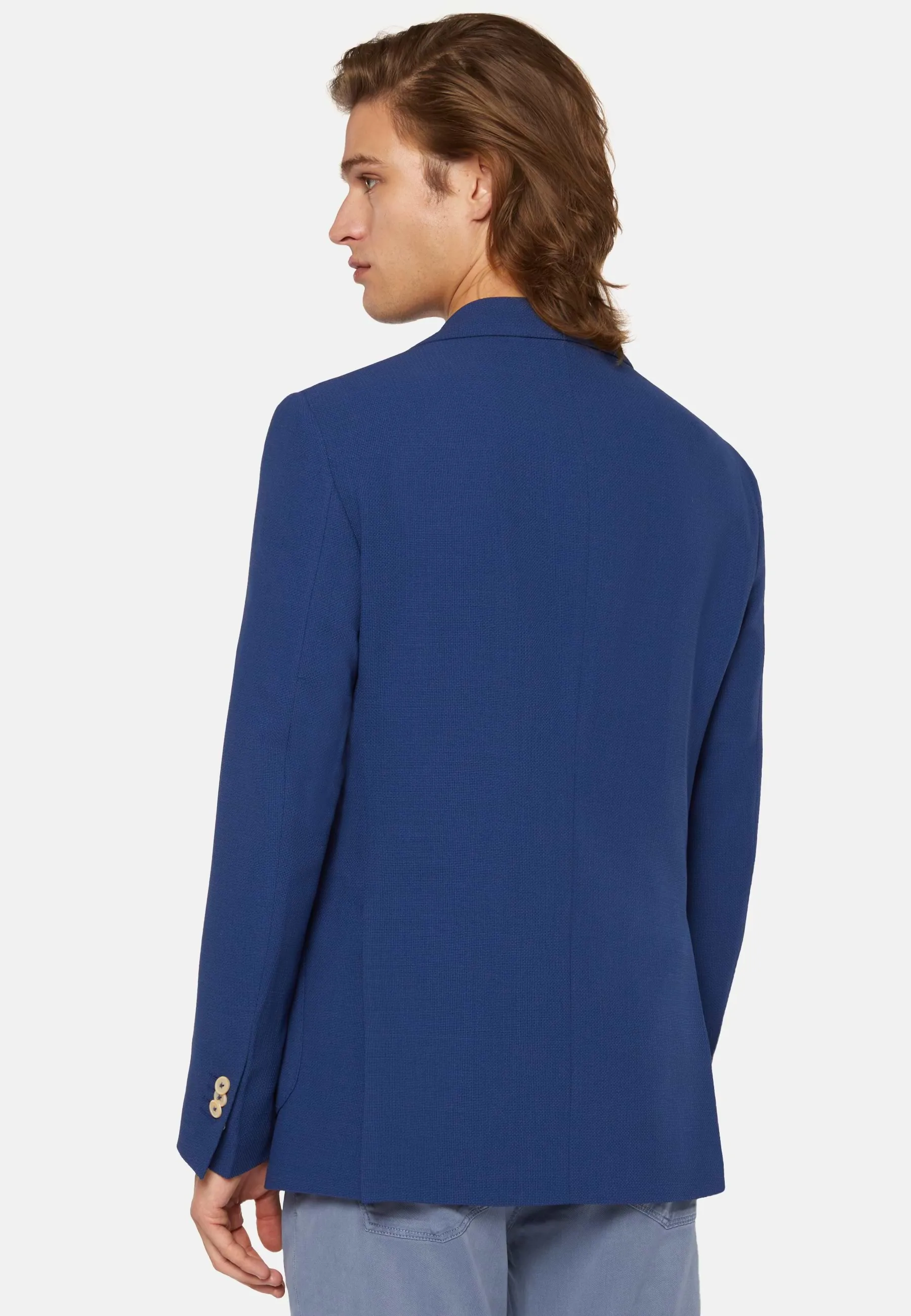 Blue Double-Breasted Jacket In Pure Wool Crepe