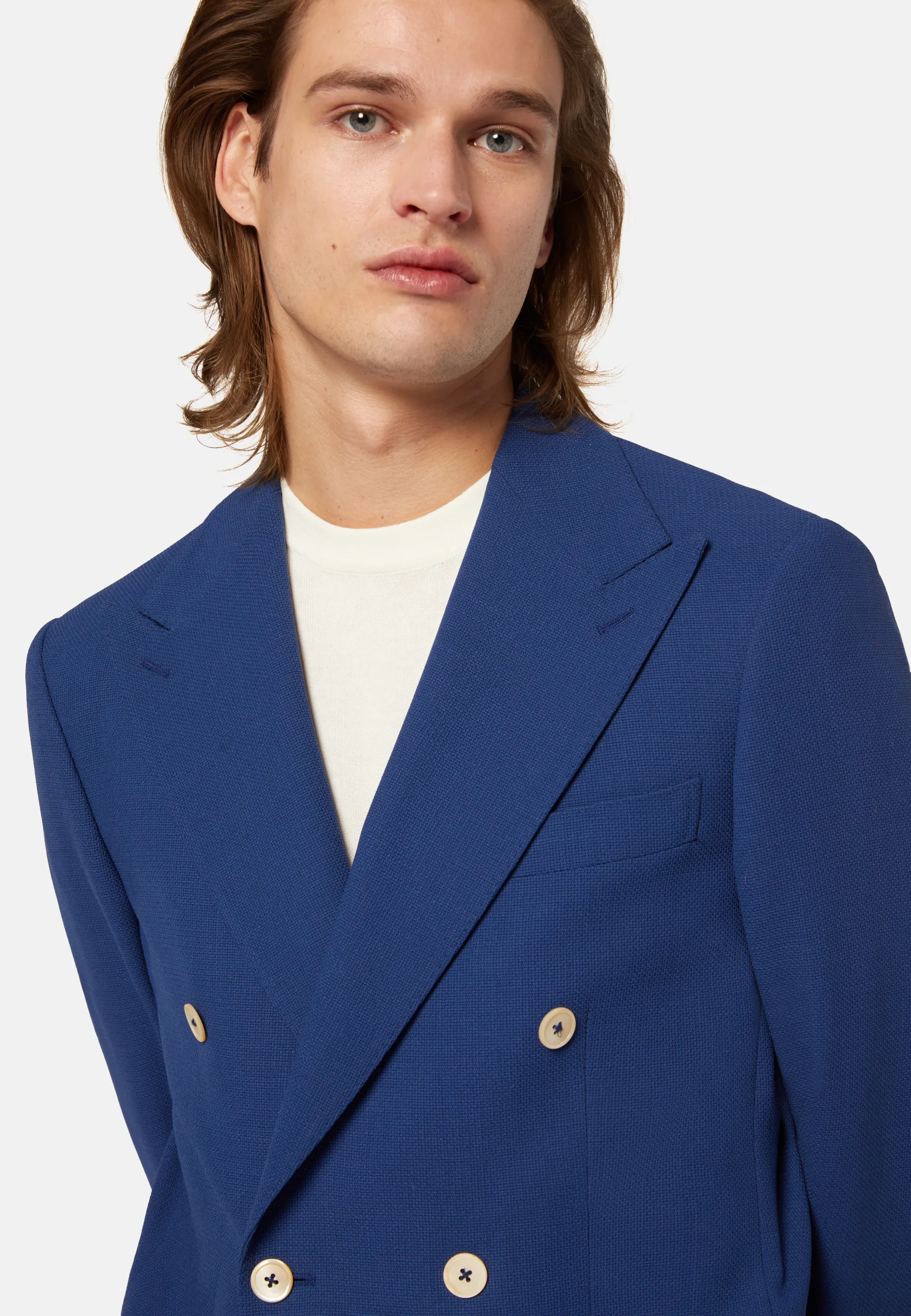 Blue Double-Breasted Jacket In Pure Wool Crepe