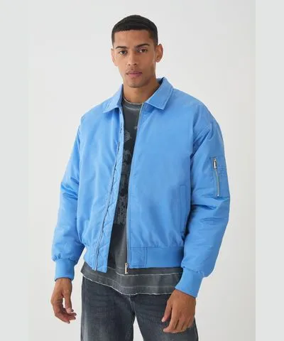 boohooMAN Mens Satin Collared Bomber Jacket In Blue