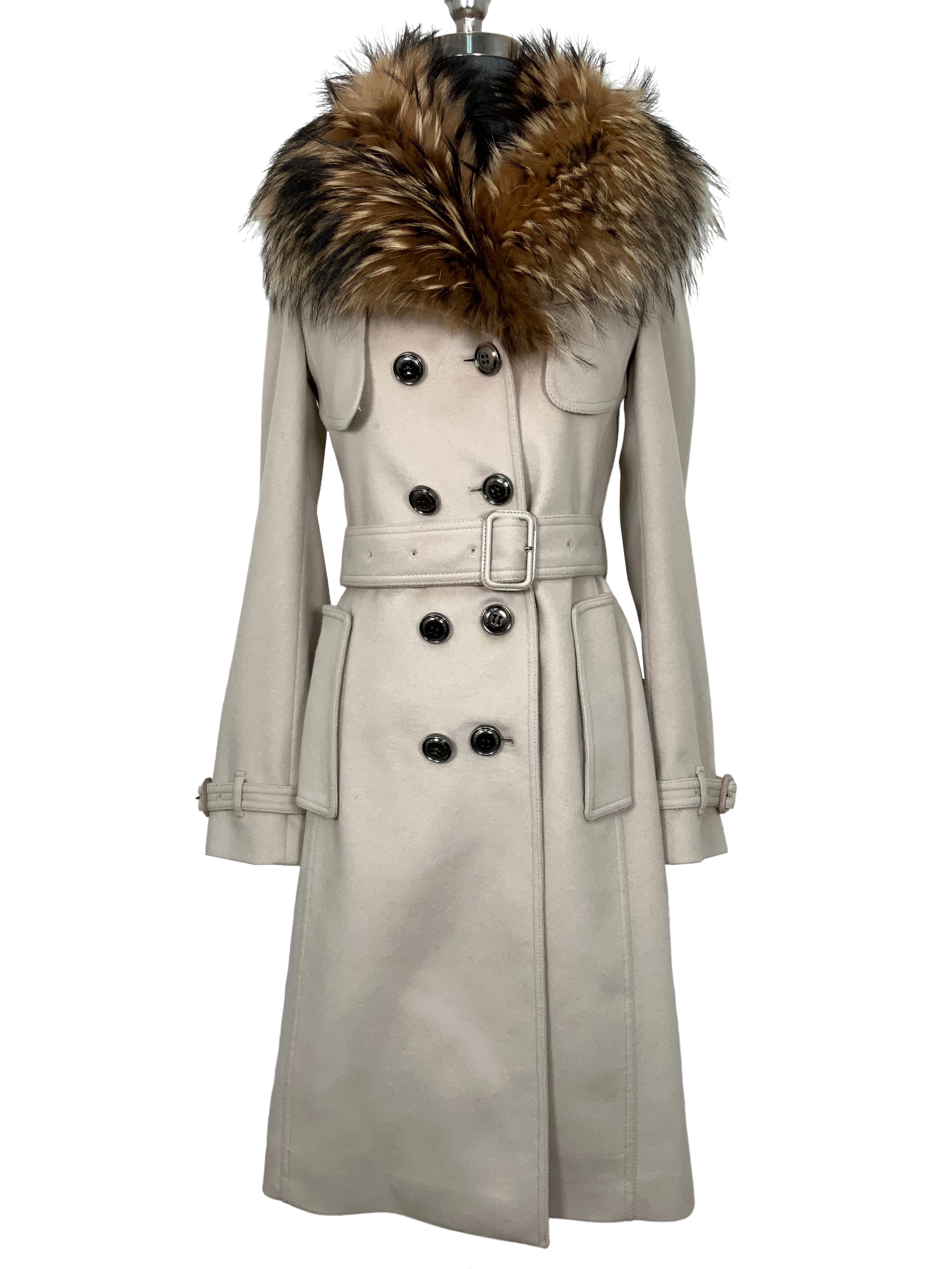 Burberry Kensington Cashmere Fur Detail Trench Coat Size S