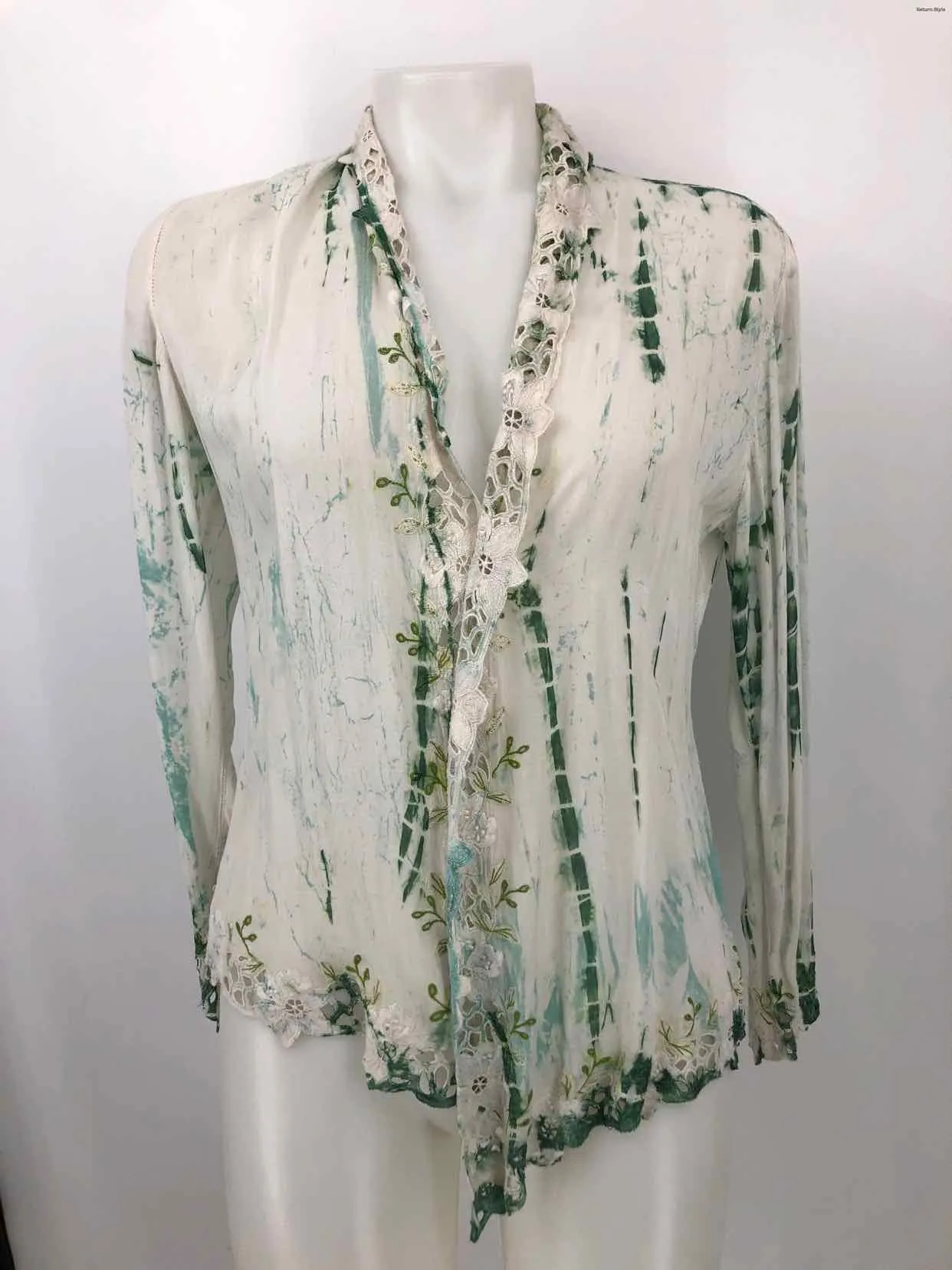 CITRON White Green Dyed Print Crochet Trim Size One Size (M) Top