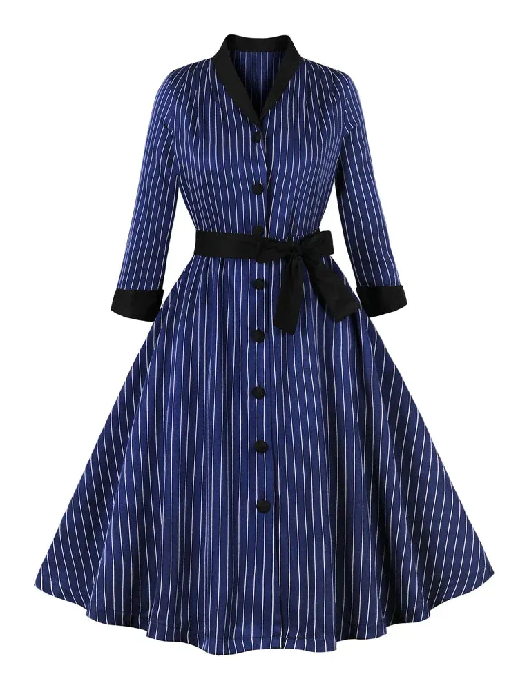 Contrast Collar Blue Striped 3/4 Length Sleeve Fall Dresses for Women Single Breasted Belted Vintage Party Dress