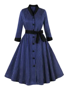 Contrast Collar Blue Striped 3/4 Length Sleeve Fall Dresses for Women Single Breasted Belted Vintage Party Dress