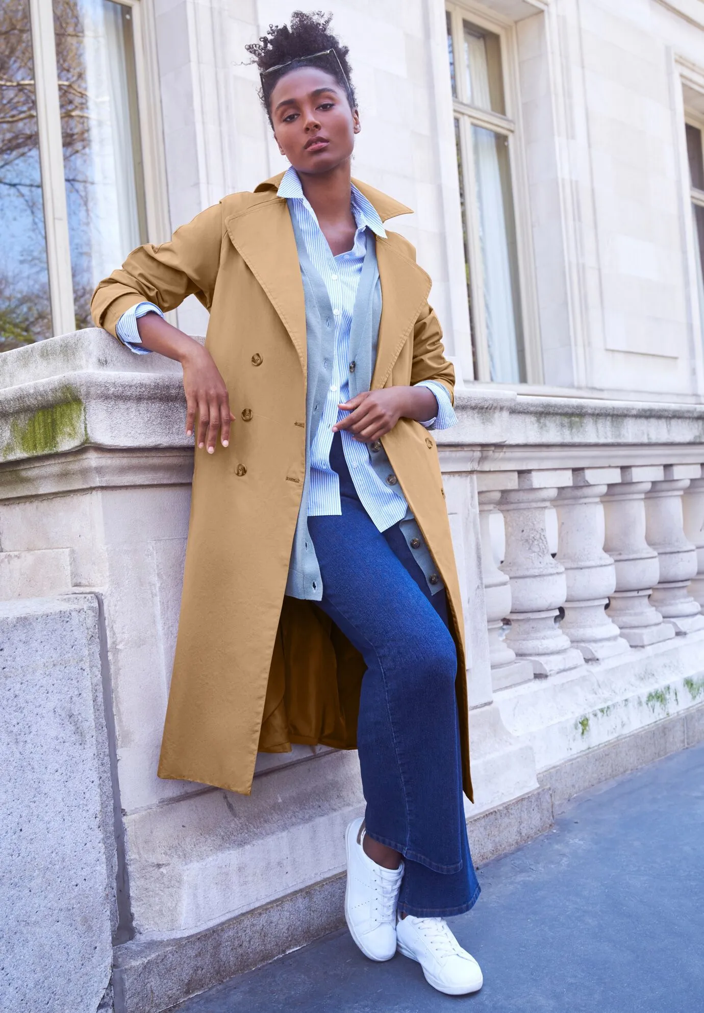 Double-Breasted Belted Trench Raincoat