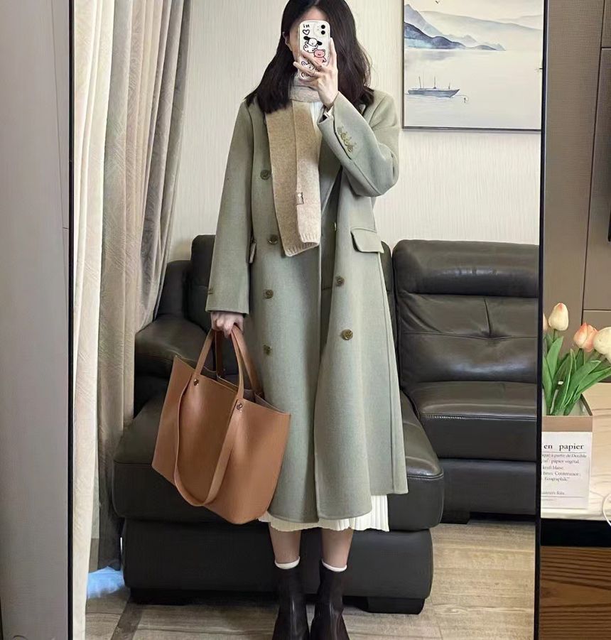 Double Breasted Plain Long Coat IL34