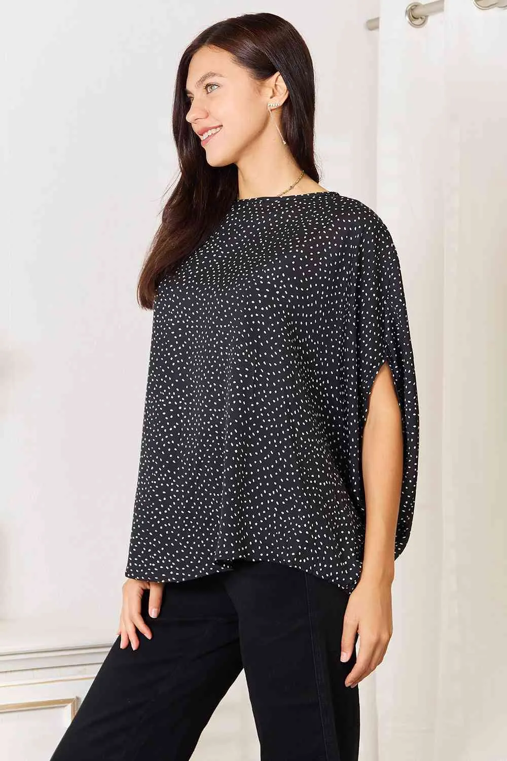 Double Take Printed Dolman Sleeve Round Neck Blouse