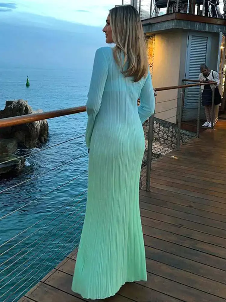 Elegant Gradient Pleated Flare Long Sleeve O Neck Dress Women Elastic Long Sleeve Dresses Lady Holiday Beachwear Vestido