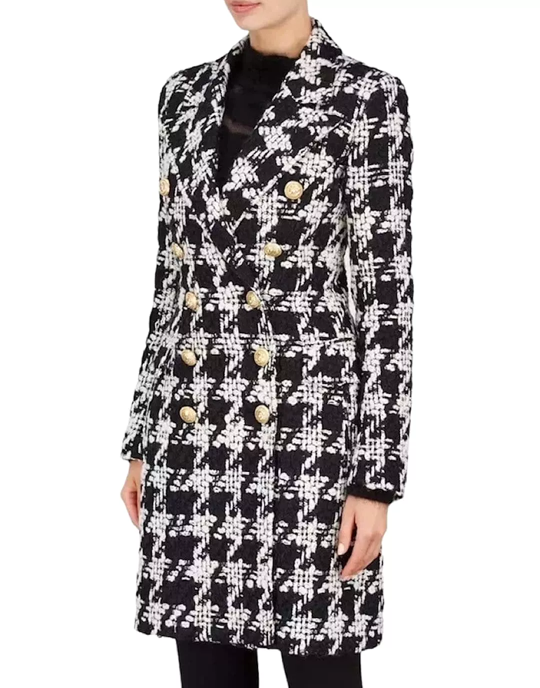 Houndstooth Tweed Double Breasted Coat