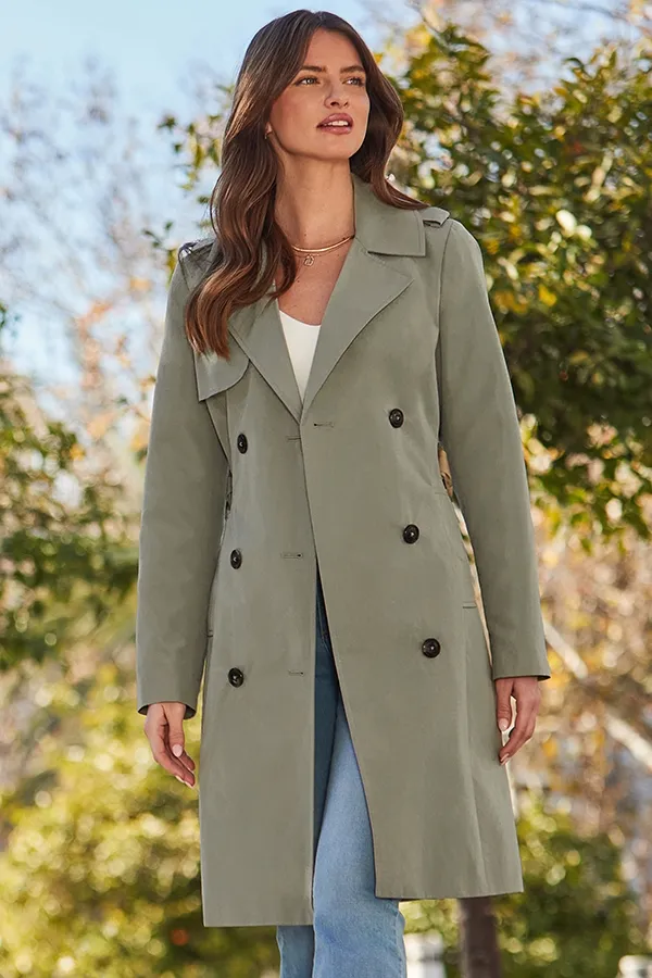 Khaki Green Double Breasted Knee Length Trench Coat