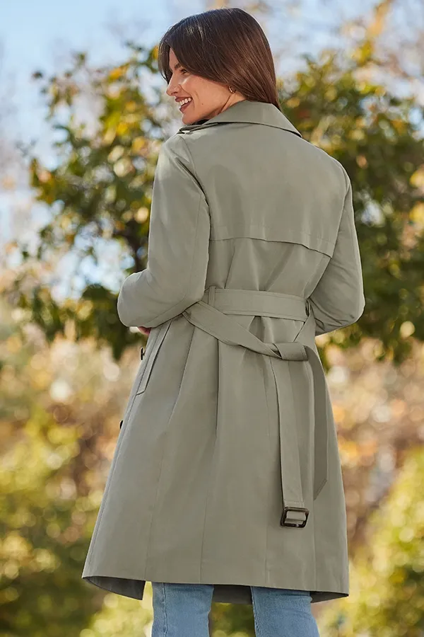 Khaki Green Double Breasted Knee Length Trench Coat