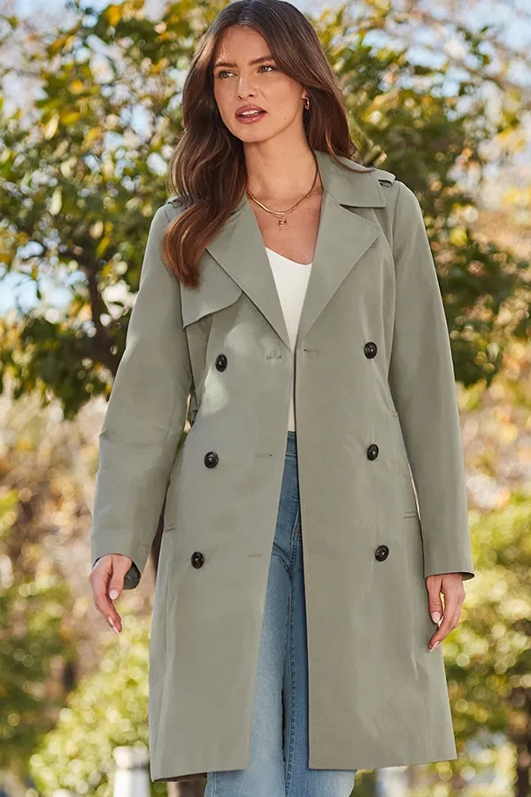 Khaki Green Double Breasted Knee Length Trench Coat