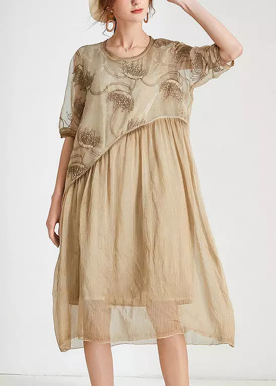 Khaki Patchwork Chiffon Long Dresses O Neck Short Sleeve AB1027