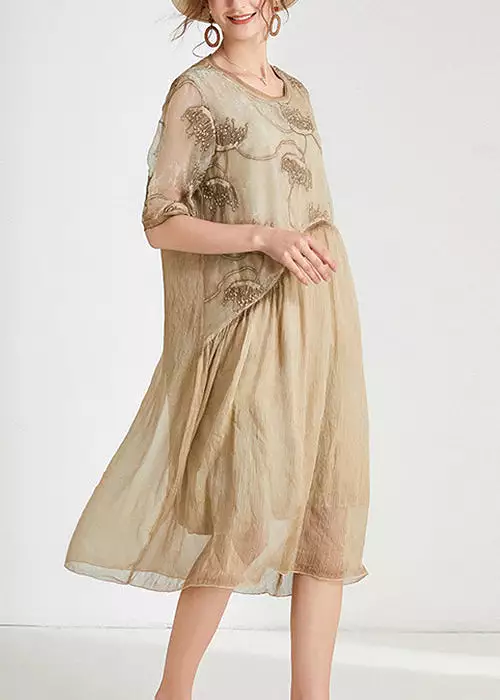 Khaki Patchwork Chiffon Long Dresses O Neck Short Sleeve AB1027