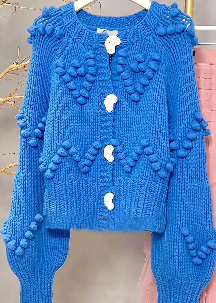 Loose Blue O Neck Button Cozy Cotton Knit Top Long Sleeve AB1025