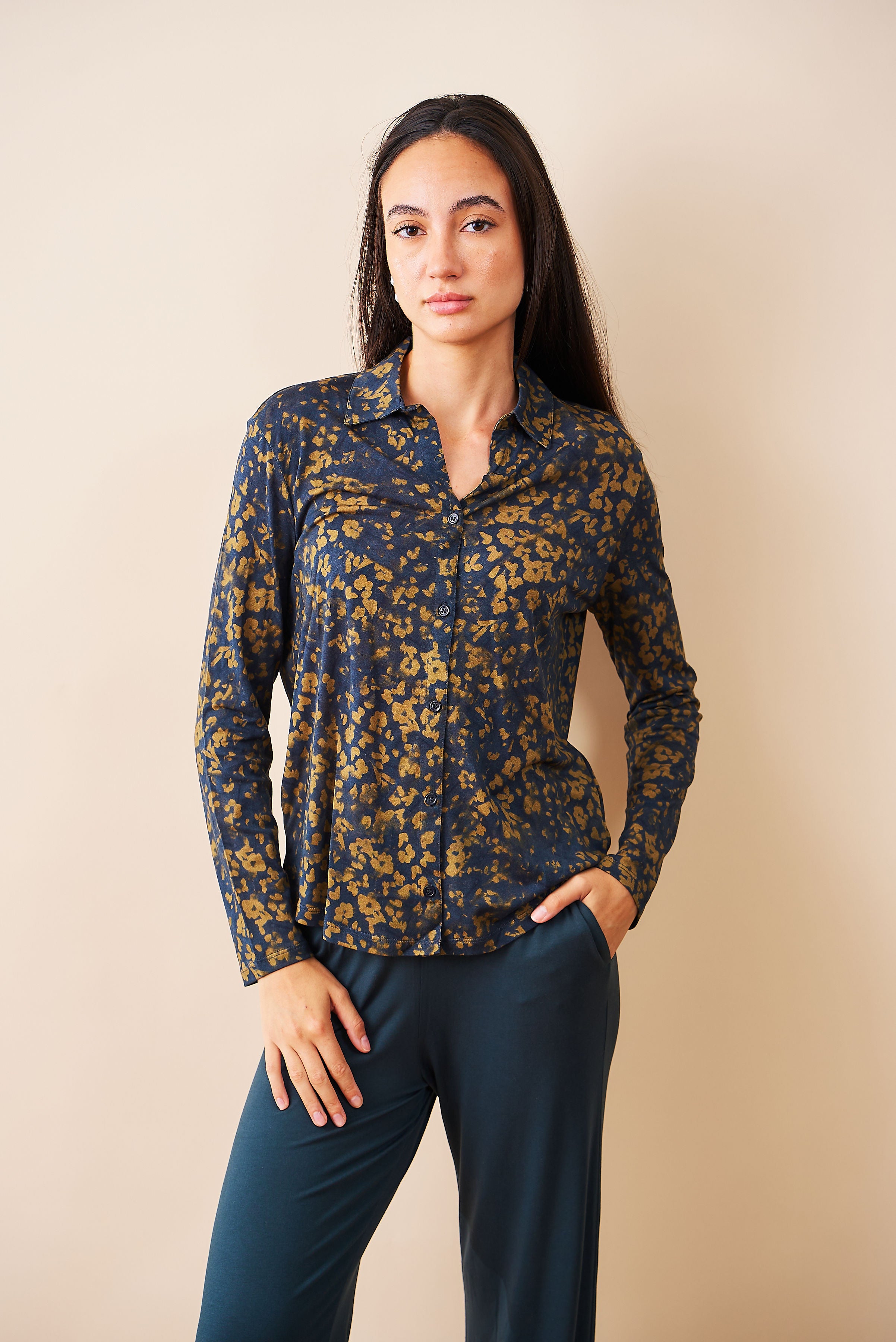 Majestic Novelty Button Front Shirt in Marine and Gold