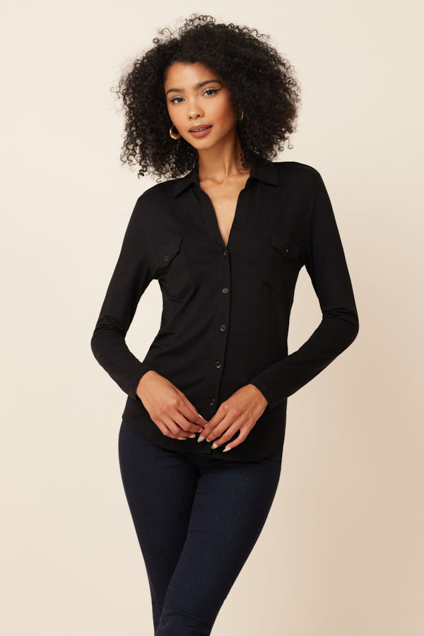 Majestic Soft Touch Long Sleeve Button front Pocket Shirt in Noir/black