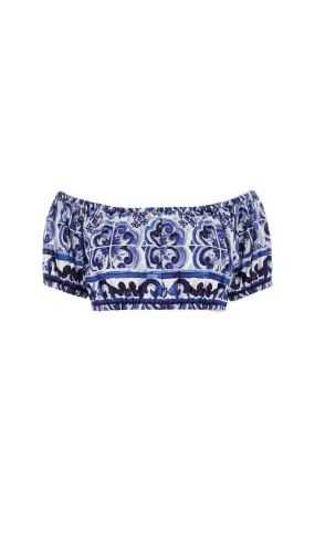 Majolica-print Poplin Crop Top - Blue\White