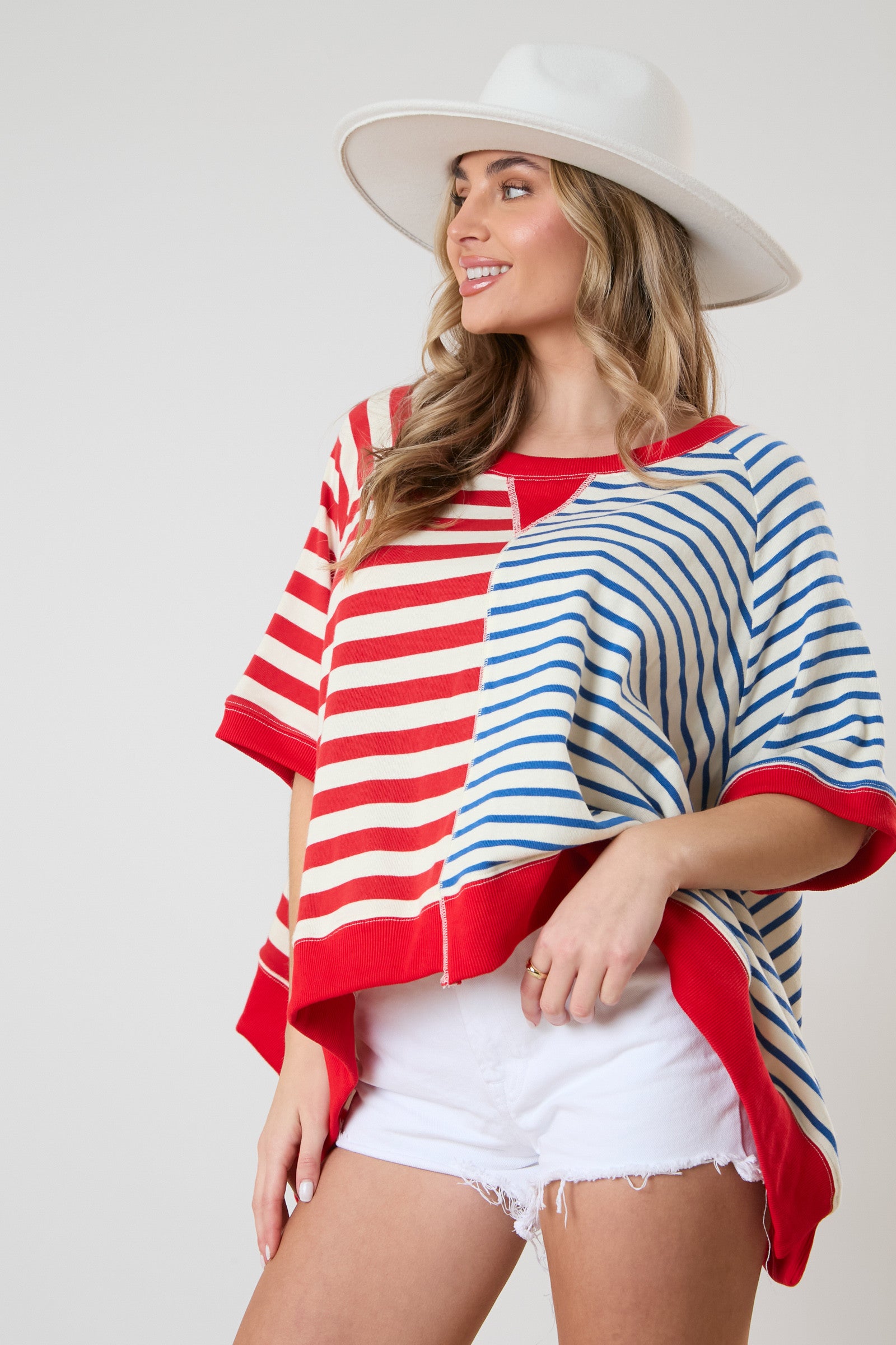 Mixed Multi Stripe Short Sleeve Oversized Sweatshirt