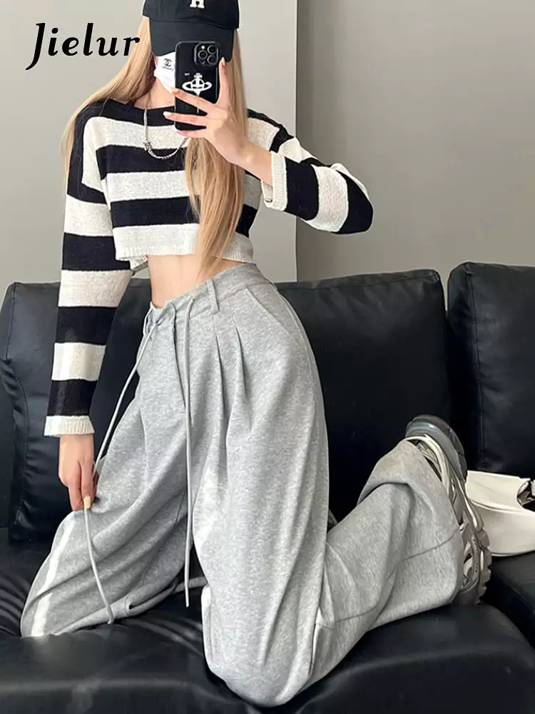 New High Waist American Solid Color Women's Pants Drawstring Loose Straight Pants Woman Grey Casual Pants Summer Female