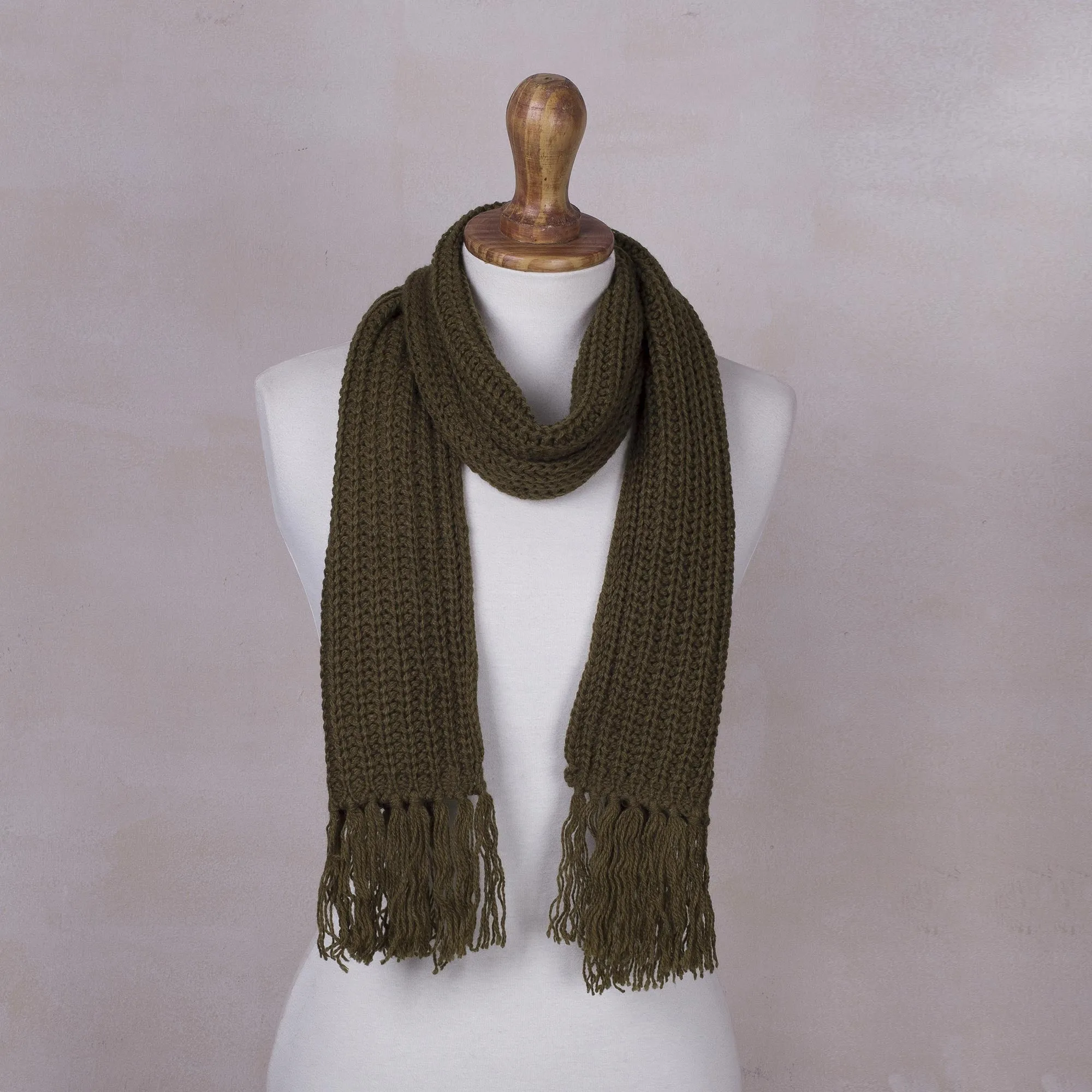 Olive Green Andean Textures Unisex Rib Knit Acrylic Scarf in Olive Green from Peru