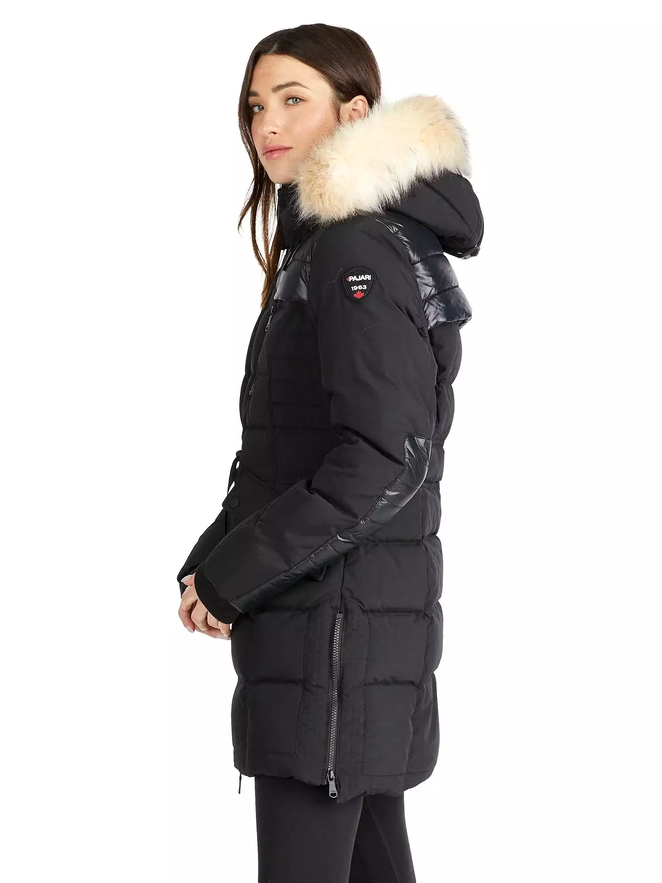 Pajar Womens Alia Mixed Media Quilted Parka with Det Hood Fur Trim - BLACK