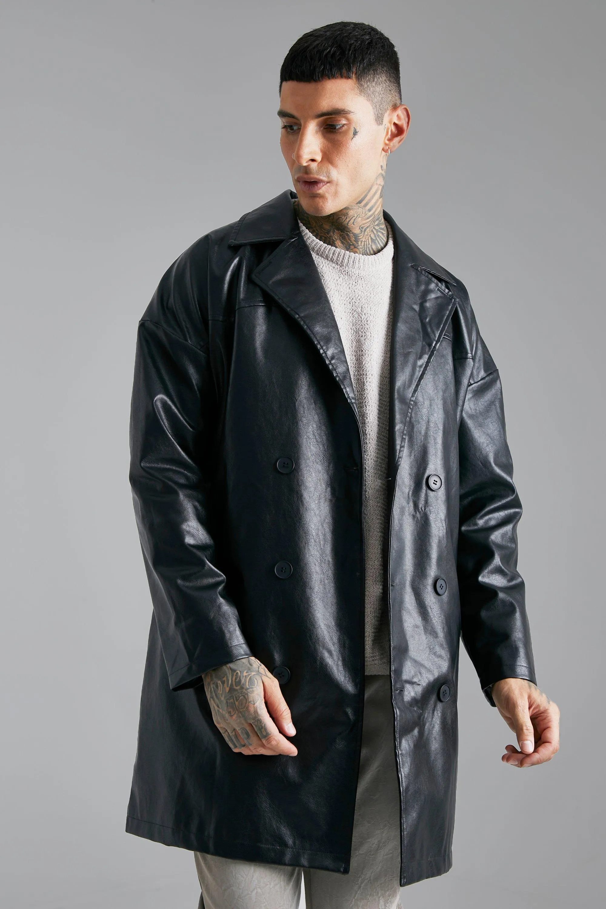 Pu Oversized Double Breasted Trench Coat | boohooMAN UK