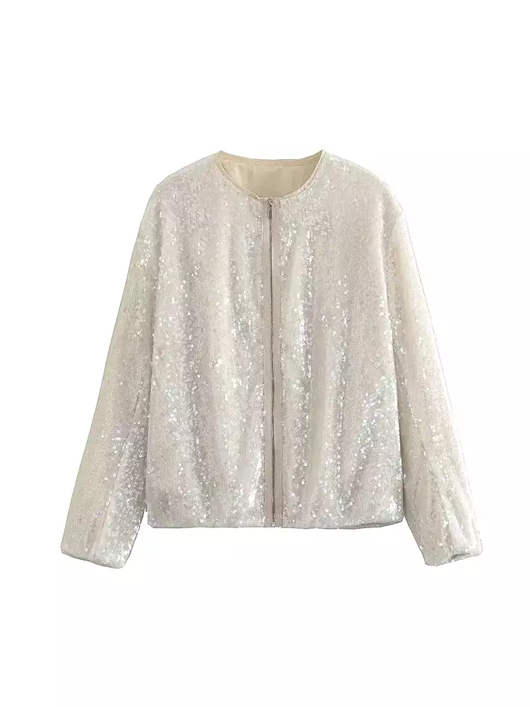 Sequins Glitter Zipper Cardigan Jackets Long Sleeve O neck  Fashion Tops