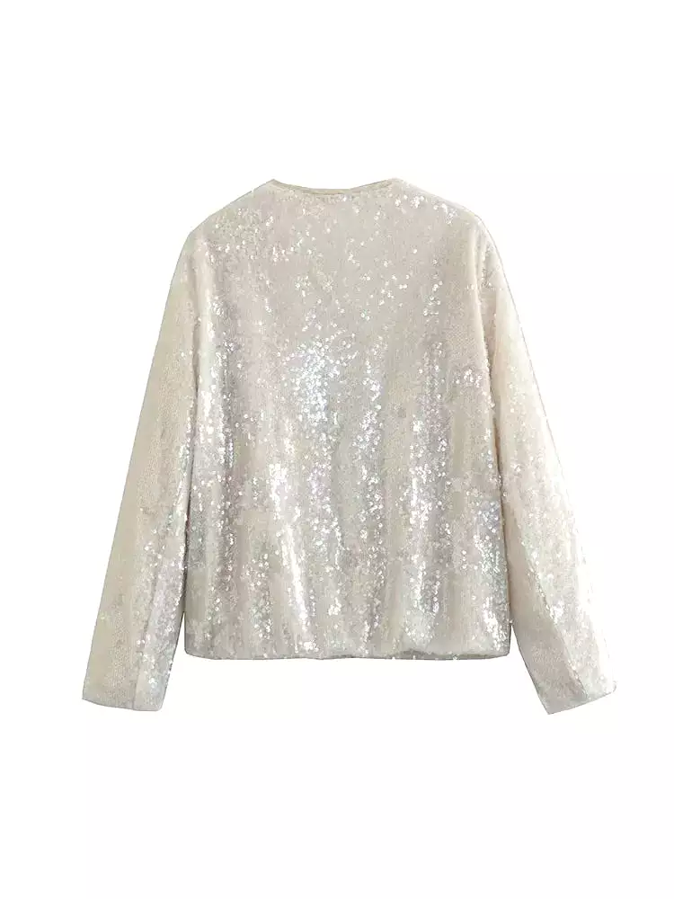 Sequins Glitter Zipper Cardigan Jackets Long Sleeve O neck  Fashion Tops