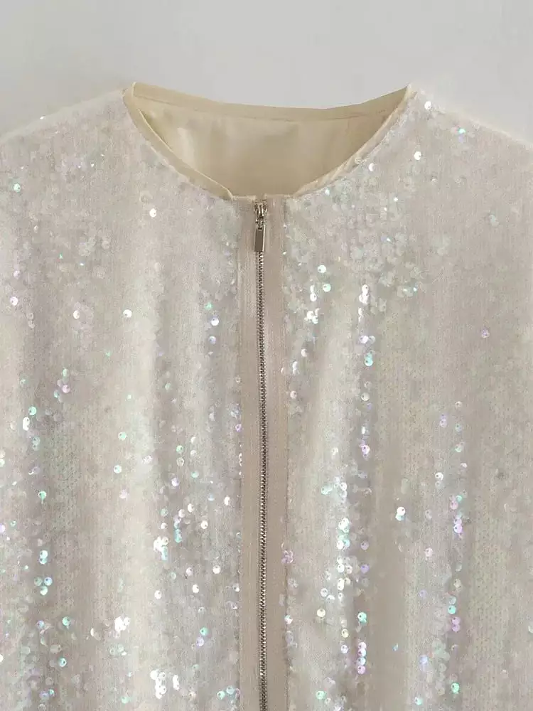 Sequins Glitter Zipper Cardigan Jackets Long Sleeve O neck  Fashion Tops