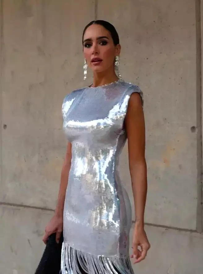 Shiny Silver Sexy Sequins Tassels Dresses Elegant Chic O Neck Sleeveless Mini Dress