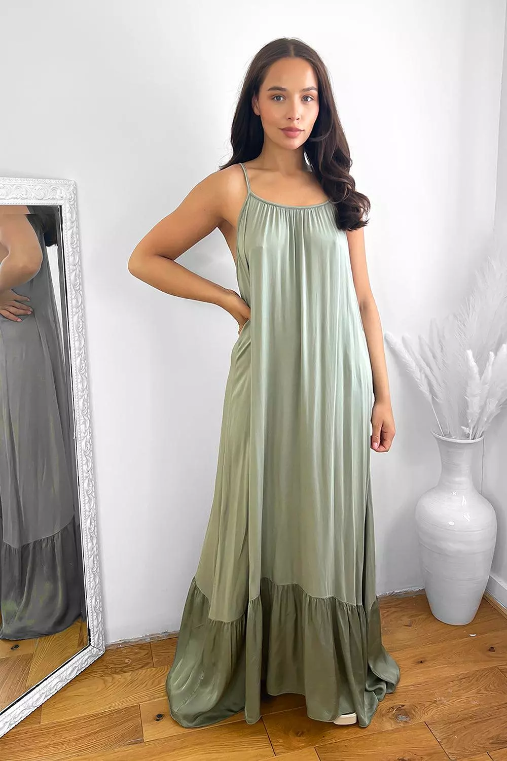 Silk Blend Spaghetti Straps Tiered Maxi Dress