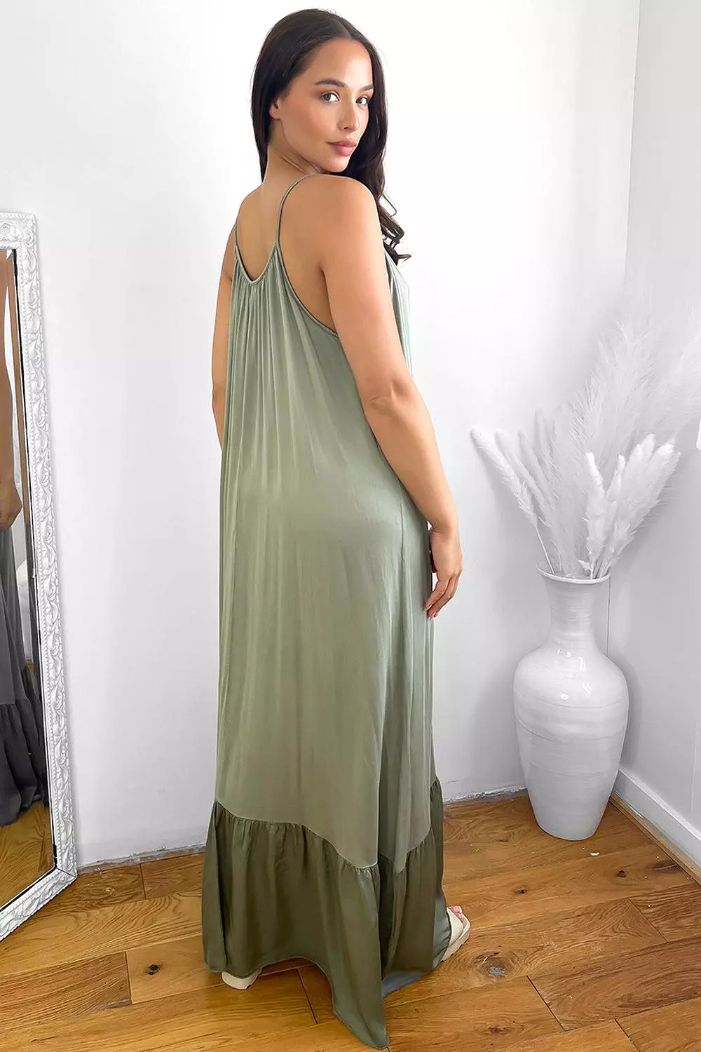 Silk Blend Spaghetti Straps Tiered Maxi Dress