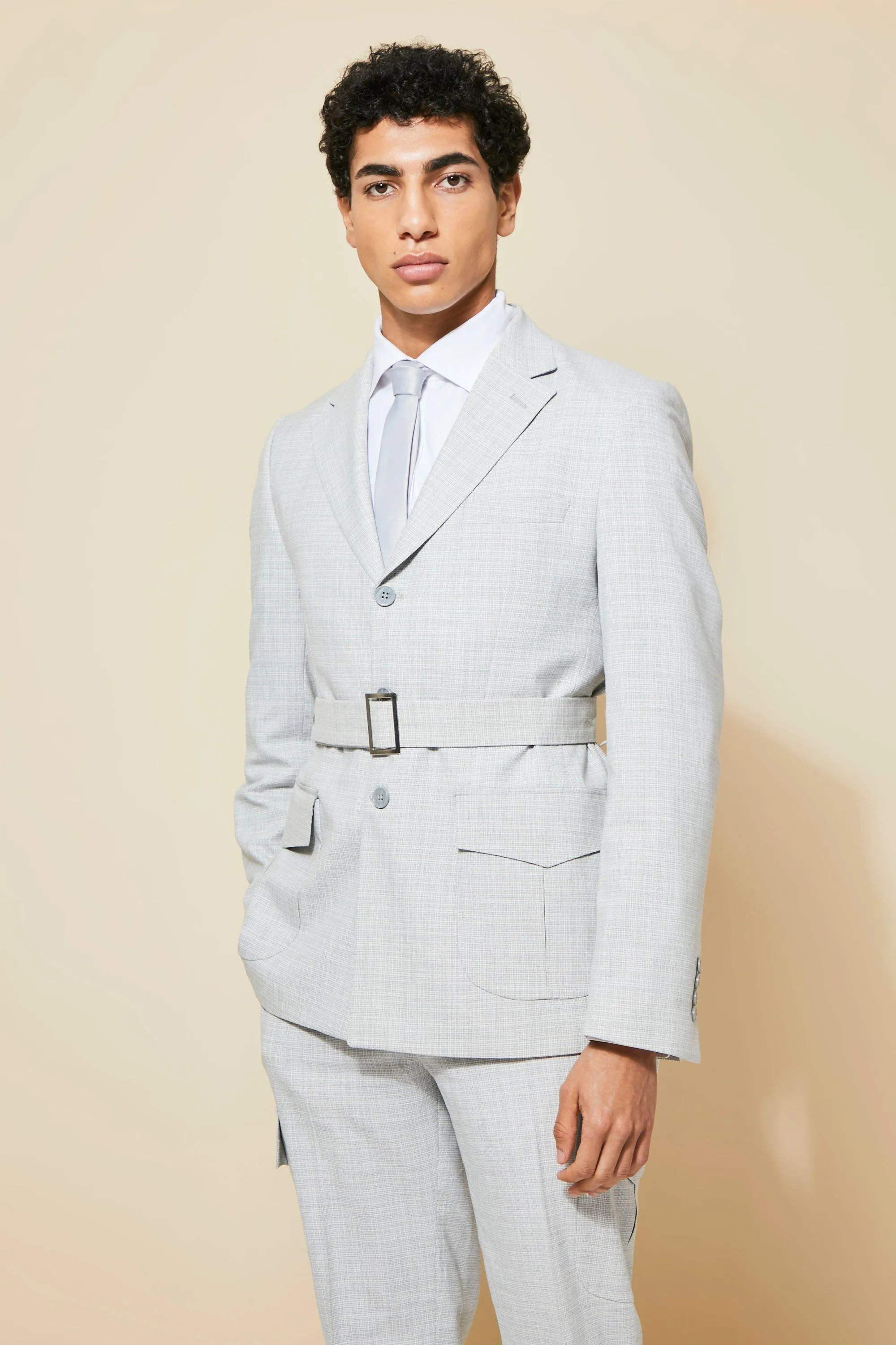 Single Breasted Check Belted Suit Jacket