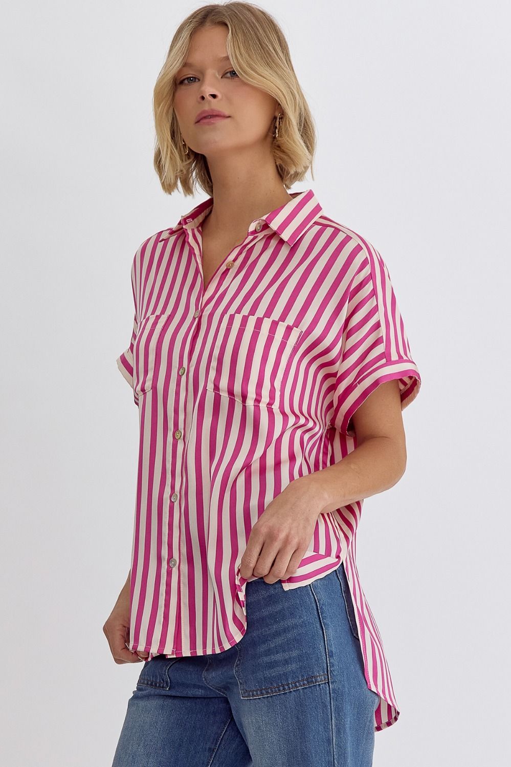 Striped Collared Button Up Short Sleeve Top