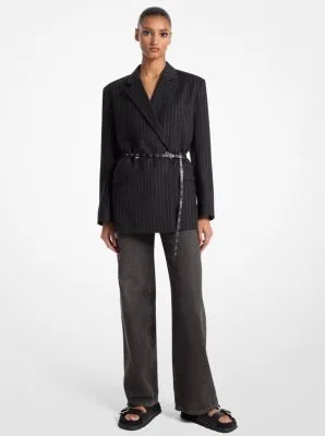 Striped Wool Blend Belted Double-Breasted Blazer