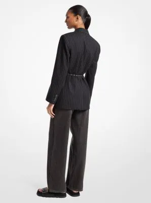 Striped Wool Blend Belted Double-Breasted Blazer