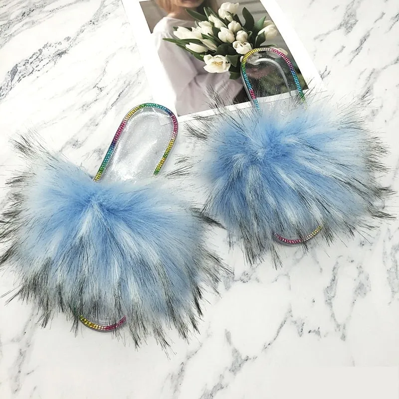 Summer Casual Sky Blue Synthetic Fur Crystal House Slippers for Women